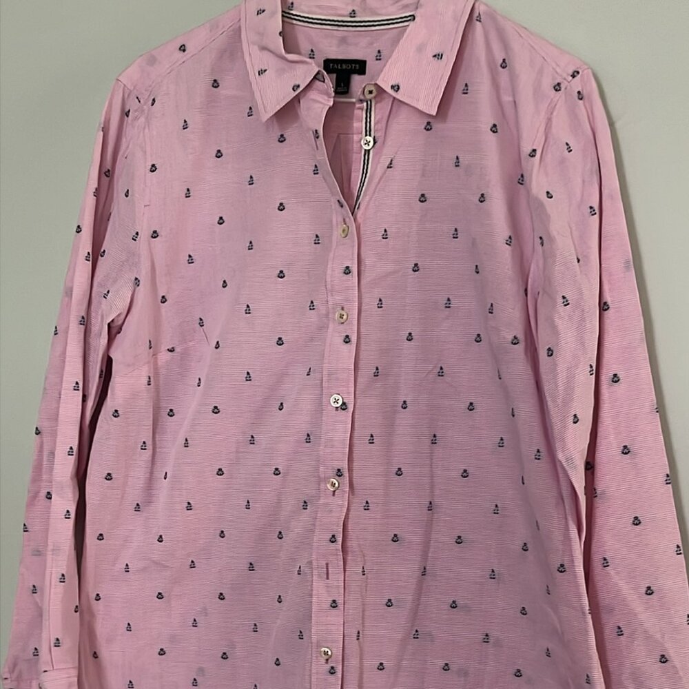 Talbot's Nautical Button Up Blouse SZ LG Embroidered Sail Boats and Anchors Sea